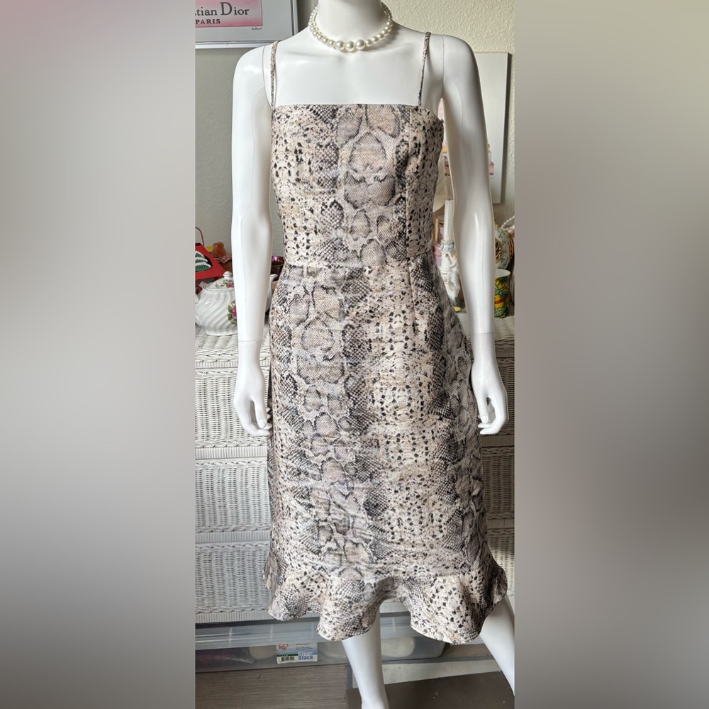 Anthropologie Hutch Midi Dress Ruffled Hem Snake Print Earthen & Black Size 12